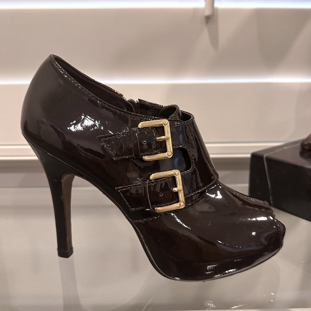 BCBG MAX AZRIA Peep Toe Heels Bootie in Deep Mahogany with Gold Buckle Detail